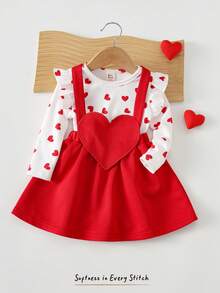 Cozy Pixies Baby Girl Valentine's Day Red Heart Shaped Pinafore Dress With Soft Knit Crew Neck Long Sleeve Romper Set, Cute & Comfortable, Versatile For Indoor, Outdoor Casual, Back To School, Daily, Sports, Play, Party Valentines Day Baby Clothes Baby Girl Dress With Hearts Baby Girl Clothes Spring Fall Dress For Baby Girl Red - Khaki - View 1