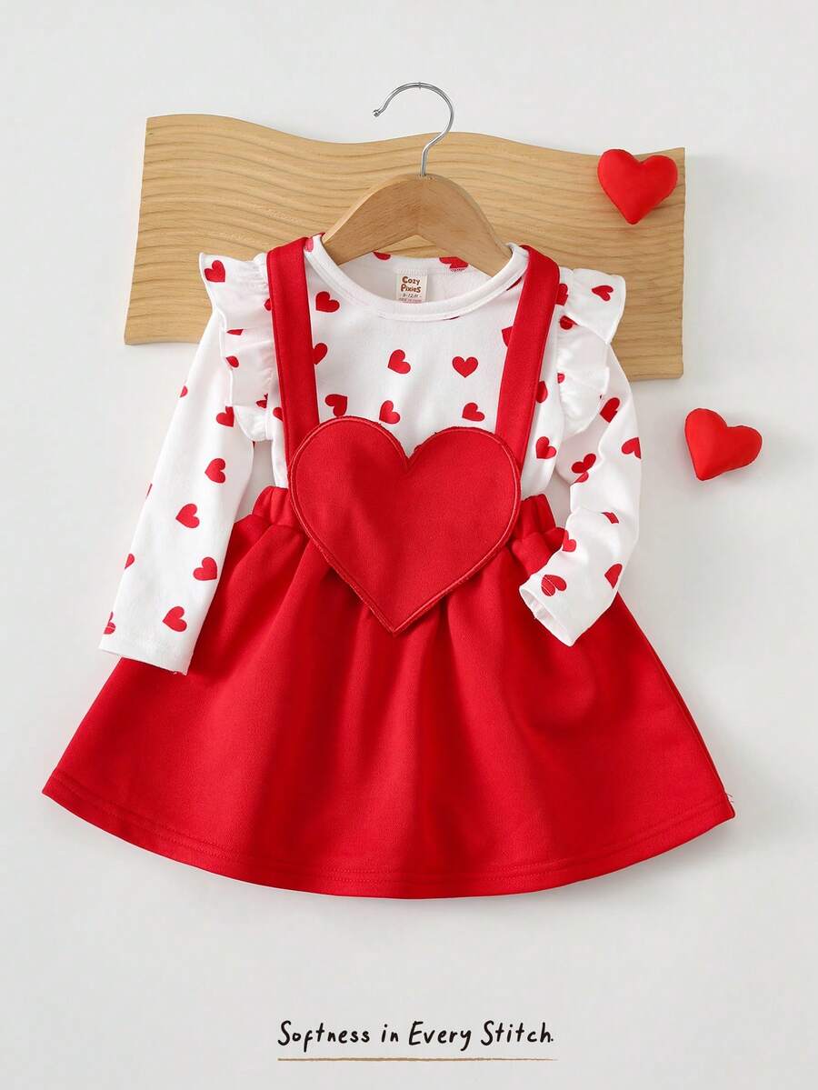 Cozy Pixies Baby Girl Valentine's Day Red Heart Shaped Pinafore Dress With Soft Knit Crew Neck Long Sleeve Romper Set, Cute & Comfortable, Versatile For Indoor, Outdoor Casual, Back To School, Daily, Sports, Play, Party Valentines Day Baby Clothes Baby Girl Dress With Hearts Baby Girl Clothes Spring Fall Dress For Baby Girl Red - Khaki - View 1