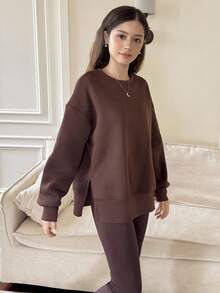 SHEIN 1 Bộ trang phục áo nỉ hở vai rộng rãi và quần legging bó cho bé gái/phụ nữ tuổi teen, màu nâu, mùa thu/đông - Cà phê nâu - Xem 3