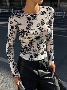 DAZY Women's Slim Fit Sheer Lace Crew Neck Pullover Top Long Sleeve Y2k Spring - White - View 2