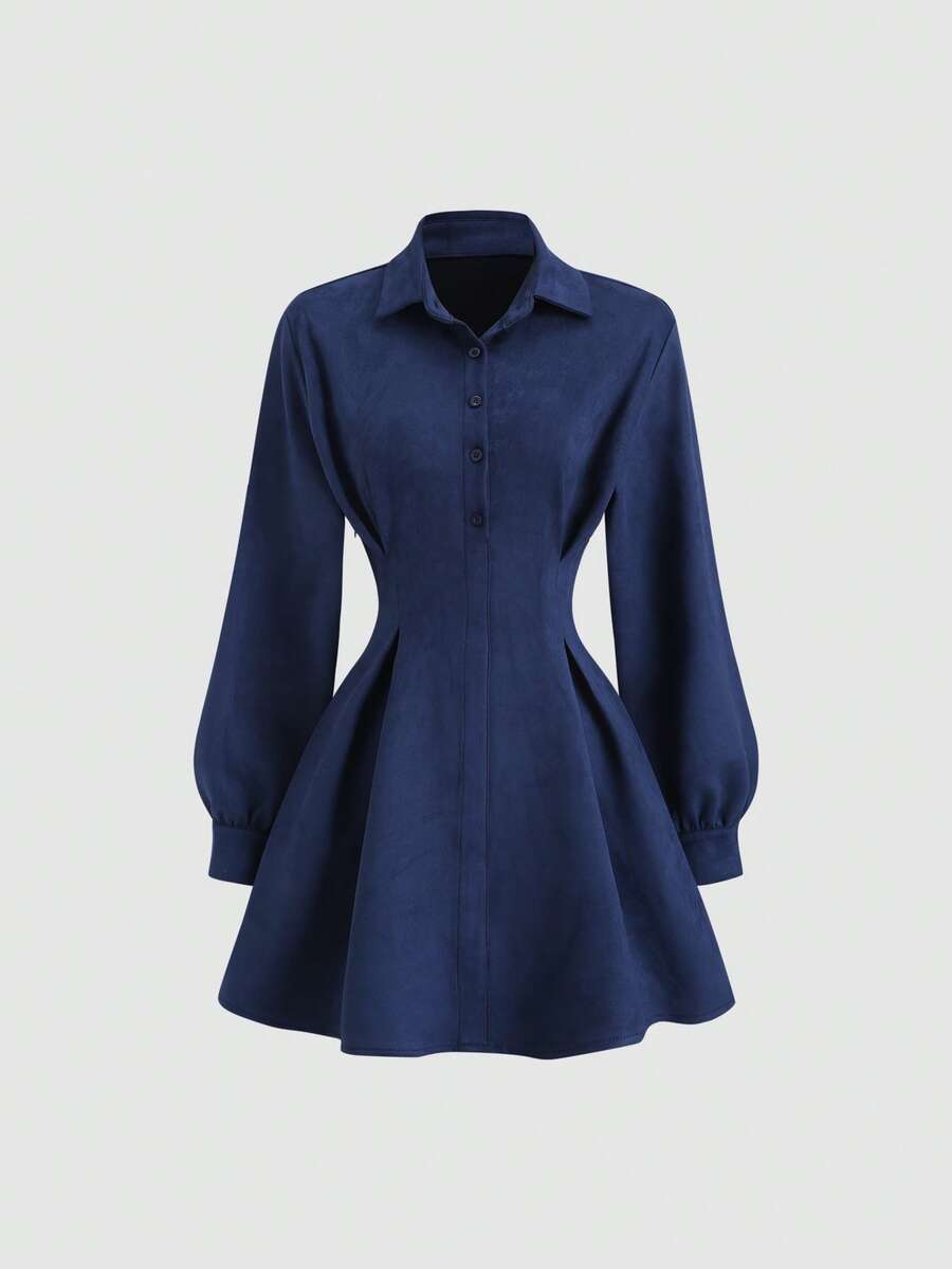 Sweetra Gaun Mini A-Line Wanita Model Terbaru Musim Semi/Gugur, Cocok untuk Jalan-jalan, Liburan, Perjalanan, dan Gaya Kuliah, Terbuat dari Kain Suede Warna Polos dengan Desain Lipit di Pinggang. - Navy Blue - View 1