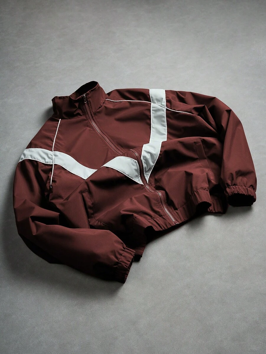 Manfinity Roghcode Men's Stand Collar Contrast Color Zip-Up Jacket Race Car Jacket Wind Breaker Windbreaker Y2k Jacket Cropped Jacket - Burgundy - View 1