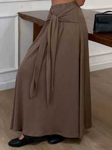 Livesso Loose Waist Drawstring Tie Knot Decor A-Line Skirt, Casual Business Vacation Street Style, Autumn/Spring - Brown - View 7