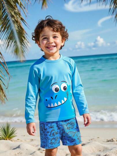 2 piezas Conjunto de niño pequeño con estampado digital de dinosaurio lindo, de tela de punto elástica y de secado rápido, cómoda. Adecuado para playa, piscina, , surf, vacaciones, verano, viajes