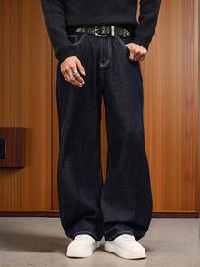 Manfinity Hypemode Letter Print Pocket Loose Wide Leg Casual Jeans Street Hang Out Going Out College - Dark Wash - View 2