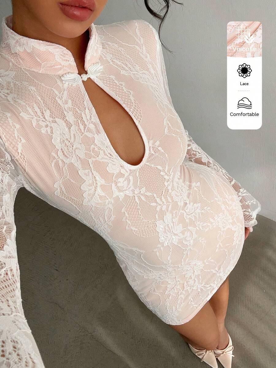 SHEIN MOOSTA 女士优雅长袖连衣裙，蕾丝撞色立领，百搭款式，适合派对、街头、休闲等各种场合，秋冬季皆宜。 - 白色 - 查看 1