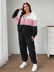 SHEIN EZwear 两件套加大码运动休闲撞色标语印花卫衣外套+运动裤套装，秋冬款 - 彩色 - 查看 3