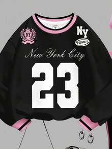 SHEIN Leap Crew Ensemble Sweat-shirt-shirt graphique rayé blocs de couleurs "New York 23" Y2K et pantalon évasé, tenue décontractée inspirée des sports vintage pour les préadolescentes, convient pour l'automne/l'hiver, les sorties, le style de rue, la maison, l'école en automne - Multicolore - Voir 6