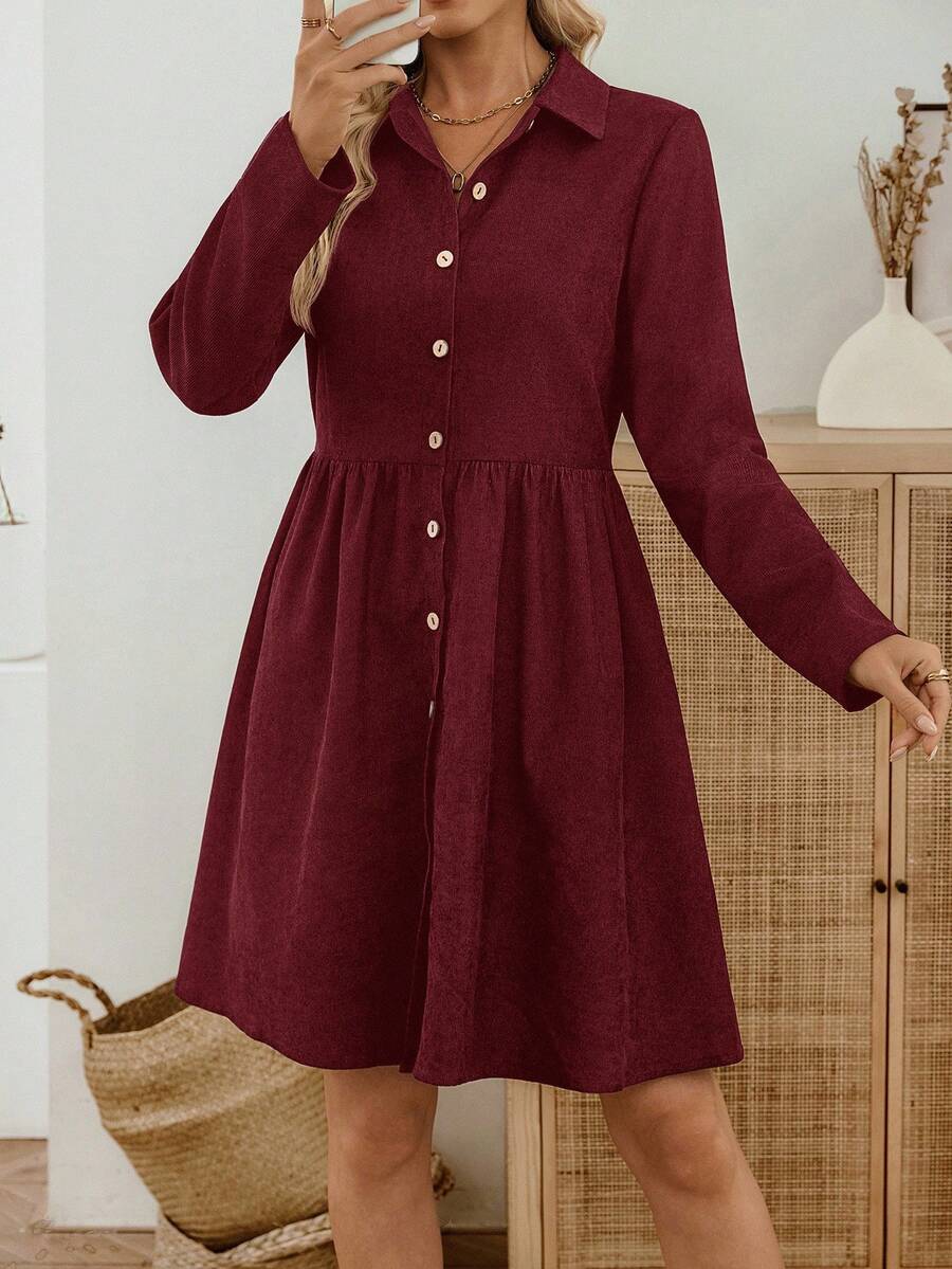 EMERY ROSE Women's Casual Commuter Solid Color Front Button Short Dress Women Long Sleeve Dress Solid Color Dress Button Dress Wine Dress - Burgundy - View 1
