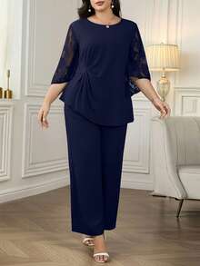 SHEIN Clasi Bộ 2 món thanh lịch cho nữ cỡ lớn, áo tay lỡ ren xoắn và quần ống rộng - Màu xanh hải quân - Xem 3