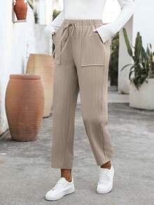 EMERY ROSE Women's Casual Elastic Waist Straight Leg Pants, Autumn Women Casual Pants Women Summer Pants Paper Bag Pants Lace Up Pants - Volcanic Gray - View 6