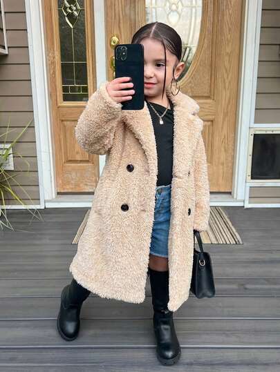SHEIN Young Girl Knitted Fluffy Collar Casual Jacket, Girl Coat, Girl Clothes Autumn And Winter Clothes
