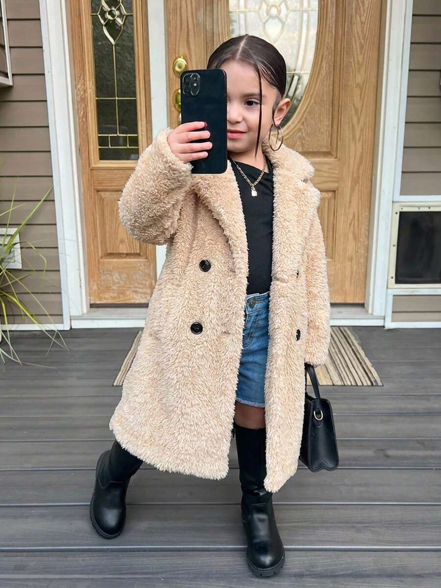 SHEIN Young Girl Knitted Fluffy Collar Casual Jacket, Girl Coat, Girl Clothes Autumn And Winter Clothes - Apricot - View 1