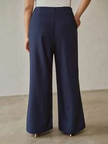 MOTF PREMIUM PLUS SIZE METAL BUCKLE FAUX LEATHER STRAP DECOR WIDE LEG PANTS - Navy Blue - View 3