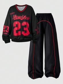 SHEIN ChillGRL 2pcs/Set Teen Girls V-Neck Letter Print Hoodie Sweatshirt And Cargo Pants Casual Outfit - Black - View 3