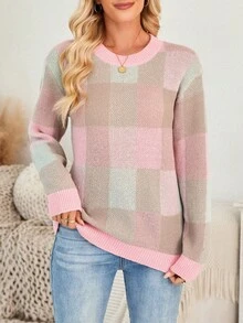 SHEIN LUNE 女士休闲及办公通勤格子图案落肩宽松针织衫，秋冬款 - 粉色 - 查看 5