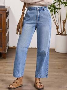 EMERY ROSE Women's Solid Color High Waist Casual Versatile Straight Leg Jeans - Medium Wash - View 3