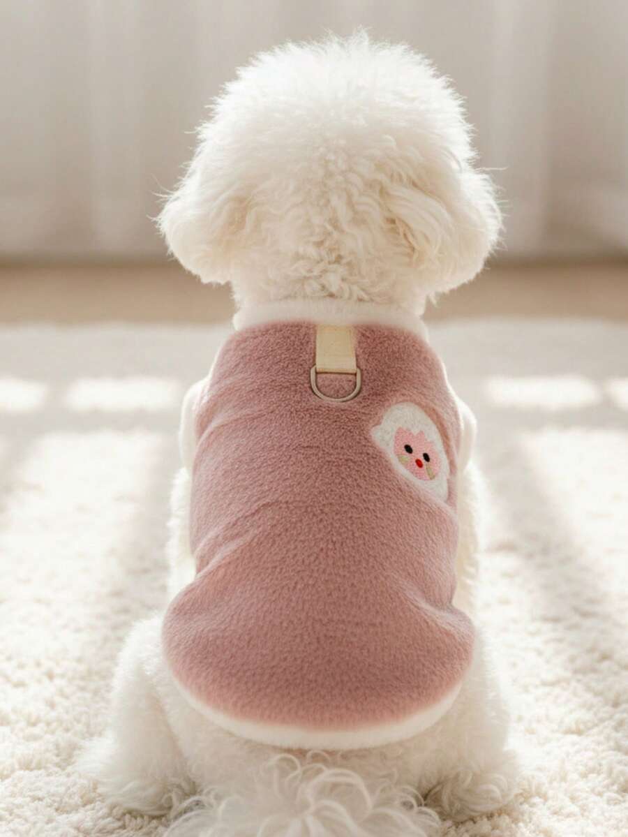 PETSIN 1件浅粉色刺绣羊羔仿兔毛宠物背心带牵引扣秋冬季加厚保暖宠物毛绒衣服 - 粉 - 查看 1
