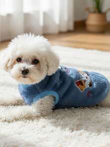 PETSIN 1件蓝色腊肠犬刺绣带绒带牵引扣宠物背心秋冬季加厚绒宠物保暖防风宠物衣服