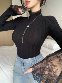 DAZY Women's Lace Trim Mock Neck Fitted Sweater, Stylish Layering Top For Autumn/Winter - Black - View 8