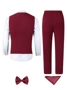 四件套男士西装：无袖酒红色马甲、外套和长裤，优雅正式的生日派对、舞会、婚礼、洗礼、周年纪念等场合的理想之选。 - 酒紅色 - 查看 2