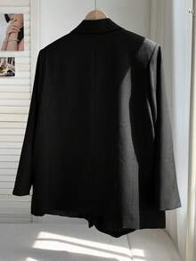 SHEIN EZwear 大码时尚黑色双排扣西装外套 - 黑色 - 查看 2