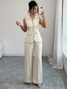 Elenzga 女士优雅两件套，杏色V领外套，黑色撞色纽扣，假口袋设计，教师制服风格，优雅职业装，秋季新品，必备时尚高端优雅收腰上衣搭配宽松直筒裤两件套，全新春秋系列，女士圣诞派对装扮，新年装扮 - 杏色 - 查看 7