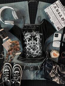 Attitoon 休闲复古朋克 Y2K 百搭派对机场装，做旧花卉英式印花图案，舒适女式撞色二合一不对称肩带条纹修身短袖T恤，颓废风格，适合秋冬季节，图案T恤 - 彩色 - 查看 3