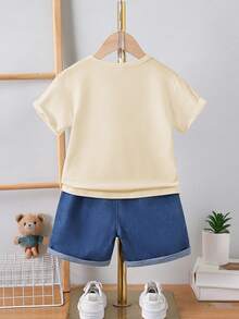 SHEIN Explorewe 2pcs/Set Young Boy Casual Denim Bear Embroidery Short Sleeve Round Neck T-Shirt And Shorts Set, Suitable For Daily Casual, Sports, School, Outdoor, Summer - Apricot - View 2