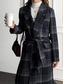 Plaid Texture, Open Front, Belted, Cashmere Overcoats - Multicolor - View 3