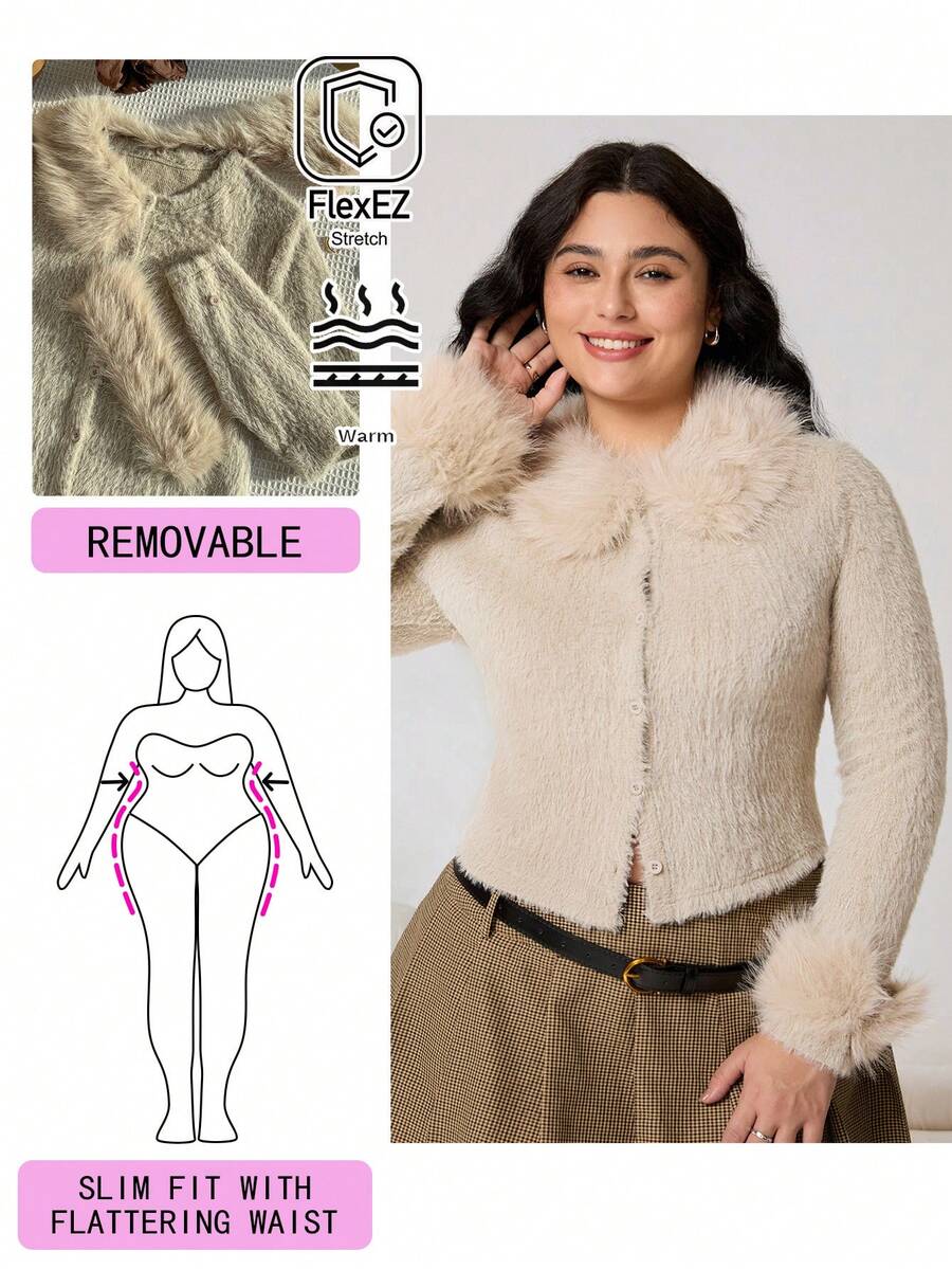 Solflare 2025 Nouvelle tenue de sortie décontractée pour l'automne/hiver, convient pour le quotidien, les fêtes, les trajets, le retour à l'école, les rendez-vous, la maison, les anniversaires et de multiples occasions. Peut être porté comme veste ou en couche. Décoration amovible de col en fourrure, tricot doux, décoration de boutons, couleur blé, manches longues, chaud et confortable, Top pour femmes grande taille