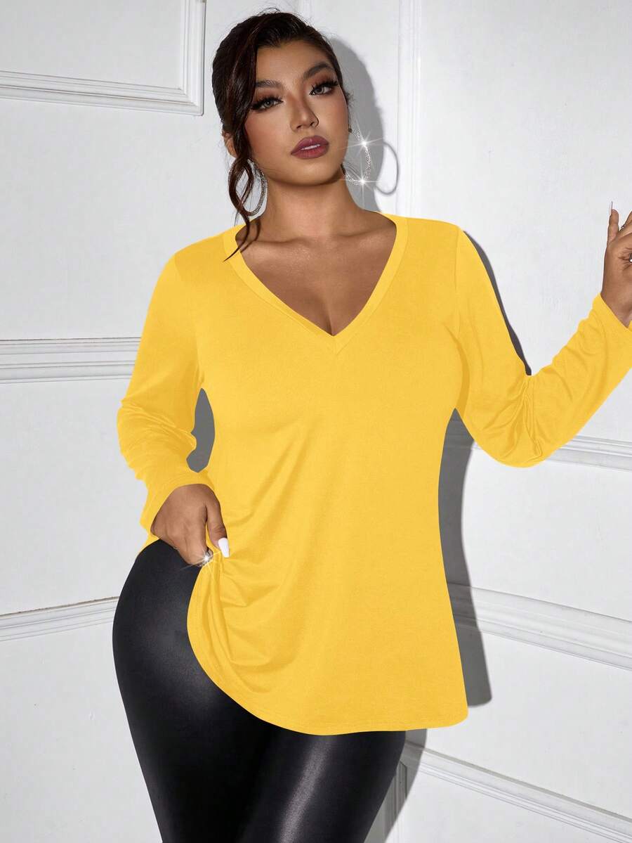 Femmeverse 春季大码纯色V领长袖休闲T恤 - 黃色 - 查看 1