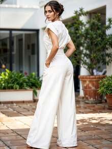 Mono Corte Recto Con Manga Capa Mono Cintura Elástica Overol Escote V - Blanco - Ver 3