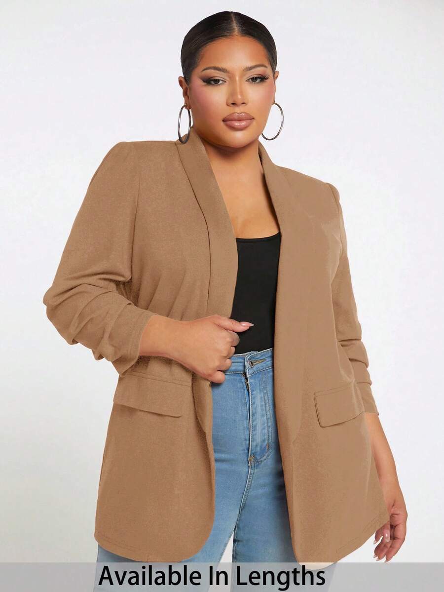 SHEIN Tall CURVE Plus Size Casual/Office Solid Color Blazer In Fall/Winter - Camel - View 1