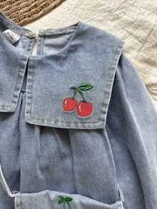 Vintaside Kids 女婴春秋刺绣翻领长袖时尚休闲水洗牛仔连衣裙，适合温和天气，实用时尚的设计，适合凉爽月份的日常穿着 - 藍色 - 查看 3