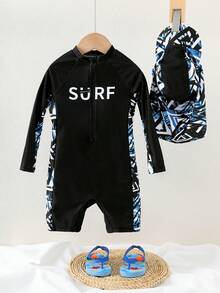 SHEIN Set de 2 piezas de camiseta de protección solar y gorra con diseño de dibujos animados y bloques de color para niños pequeños, adecuado para la playa, la piscina, primavera/verano - Multicolor - Ver 7