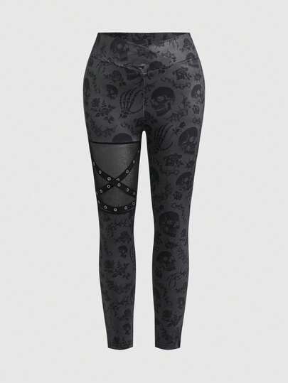 Grunge Punk Leggings taglie forti punk sexy con stampa di rose scheletro, rete e borchie