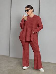 SHEIN Essnce Conjunto de dos piezas de mujer talla grande de otoño e invierno, cómodo y suelto, con sudadera de manga larga y pantalones de tela cepillada cálida en color albaricoque, ropa de mujer de otoño, conjunto de pantalones, conjuntos de atuendos, atuendos de aeropuerto, conjunto de invierno, conjunto de felpa - Rojo violeta - Ver 6