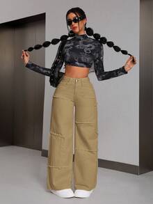 SHEIN PETITE 女士带口袋毛边阔腿宽松休闲百搭牛仔裤卡其色长裤 女士工装裤 带口袋卡其色裤子 女士工作裤 - 棕色 - 查看 6