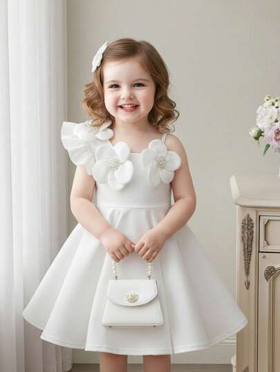 女婴优雅可爱针织白色碎花无袖连衣裙