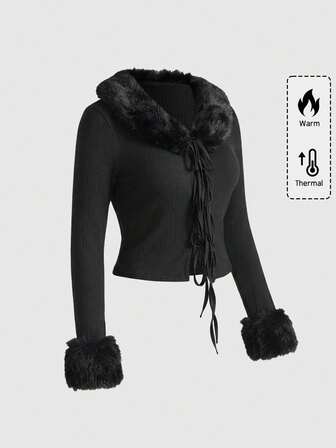 Goth Plus Size Women Black Knit Sweater With Fuzzy Collar And Cuffs, Casual Daily Wear Plus Size Women Black Knit Sweater With Fuzzy Collar, Casual Daily Wear Plus Size Women Black Knit Cardigan, Casual Street Style