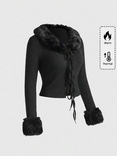 Goth Plus Size Women Black Knit Sweater With Fuzzy Collar And Cuffs, Casual Daily Wear Plus Size Women Black Knit Sweater With Fuzzy Collar, Casual Daily Wear Plus Size Women Black Knit Cardigan, Casual Street Style