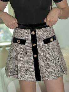 Andrea Bello Chân váy xếp ly họa tiết xương cá bằng vải Tweed tương phản cho mùa thu đông - Màu be - Xem 5