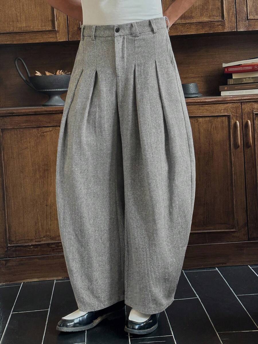 SWAVVY Men's Solid Color Pleated Casual Tapered Leg Pants Pleated Pants Balloon Pants Oversized Pants - Grey - View 1