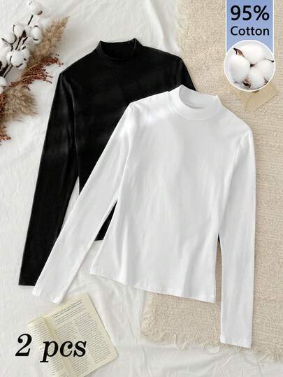 Tseoso 两件套女式高领紧身长袖打底T恤套装，适合秋冬。百搭日常穿着，95%纯棉，室内外均可穿着，复古风，温柔女孩，外出单品，居家，返校季，秋季女装，百搭百搭，老少皆宜，送给妈妈的礼物，家人的礼物，圣诞礼物