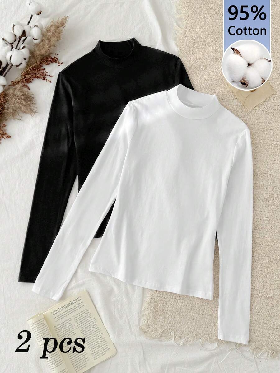 Tseoso 2pcs Women High Neck Tight Fit Long Sleeve Base Layer T-Shirt Set,White And Black,Winter,Casual,School,Back-To-School,95% Cotton Turtleneck Mock Tops - Multicolor - View 1