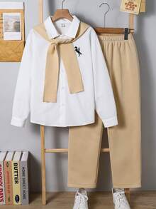 SHEIN 3件套儿童/青少年男童休闲校服套装，包括白色长袖宽松开襟衬衫、纯色直筒裤和披肩，适合学校、花园、海滩、生日等场合，春夏秋冬皆宜。 - 彩色 - 查看 2