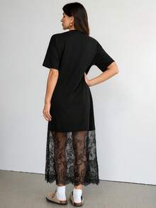 SHEIN Tall Robe décontractée ample à col rond et manches courtes de couleur unie avec dentelle. Convient pour les sorties, les déplacements, les tenues d'aéroport, les robes "Old Money", les tenues de sortie, les tenues d'enseignante, les robes élégantes pour femmes - Noir - Voir 2