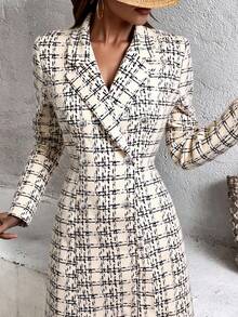 Vestido blazer mujer corto cuadros hueso y negro, boton plateado elegante corto dama mujer  vintage día noche elegante sexy cierre botones cuello doble solapa manga larga bajo amplio otoño invienro fiesta evento cumpleaños vacaciones cena - Hueso y negro - Ver 3