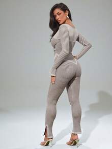Low Neckline Corseted Waist Knit Jumpsuit - Khaki - View 3
